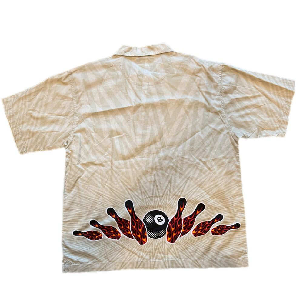 Vintage No Boundaries Shirt Mens 2XL Beige Flames Bowling Billiards 8 Ball Y2K - Picture 2 of 3